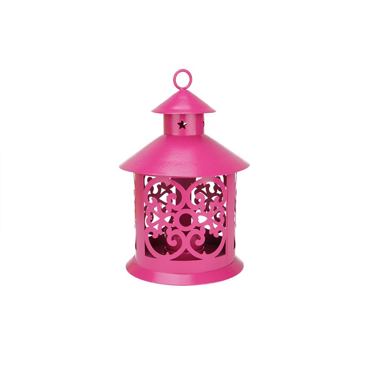 8" Shiny Candle Holder Lantern with Star & Scroll Cutouts
